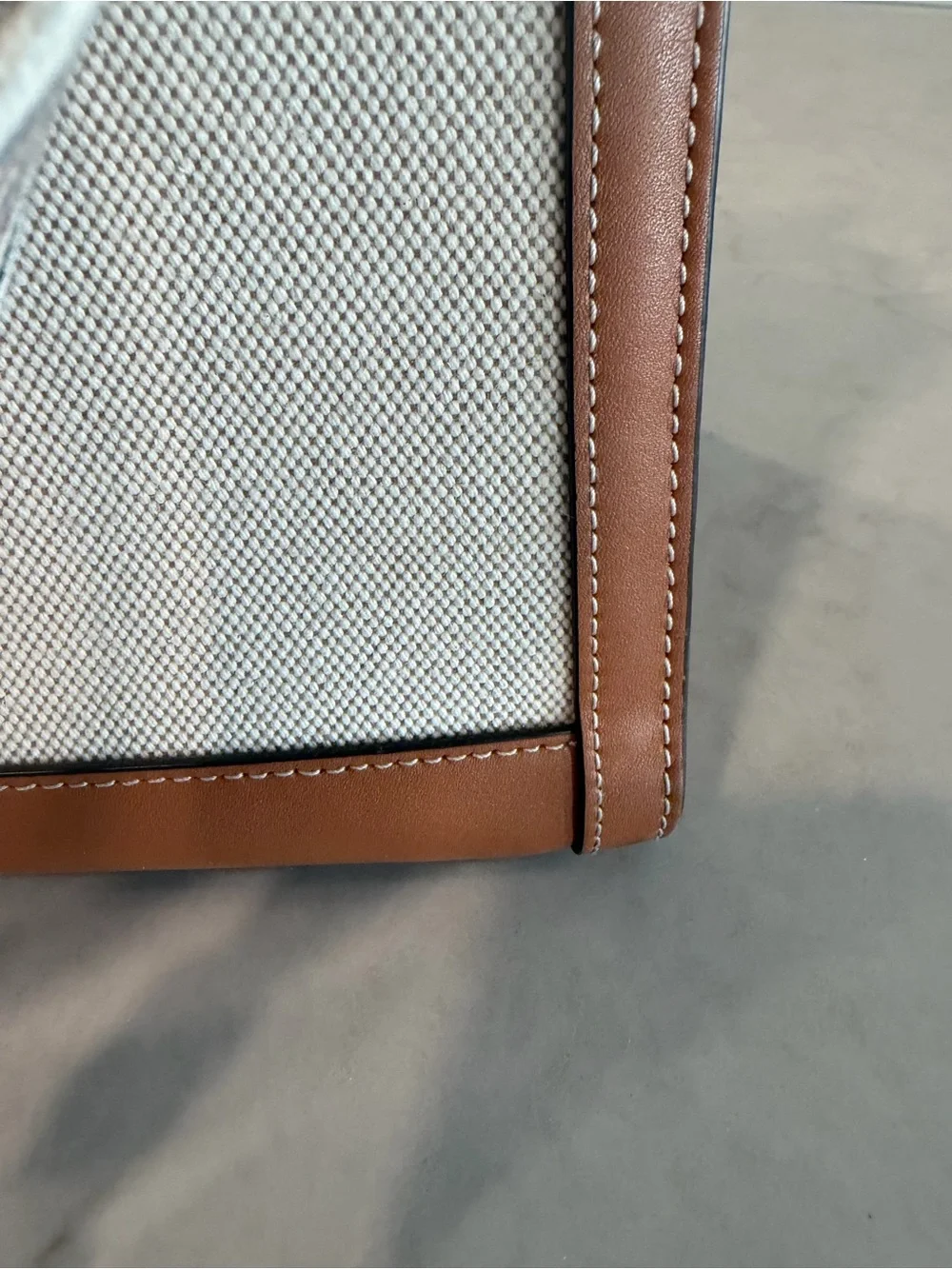 Tory Burch Neutral Canvas Tote with Tan Leather Trim and Striped Strap